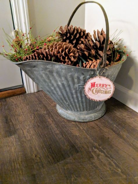 Metal Bins Decor Ideas, Old Coal Bucket Ideas, Galvanized Tub Christmas Tree, Coal Scuttle Ideas, Coal Bucket Christmas Decor, Metal Bucket Decor Ideas, Coal Bucket Ideas Decor, Christmas Bucket Decor, Galvanized Christmas Decor