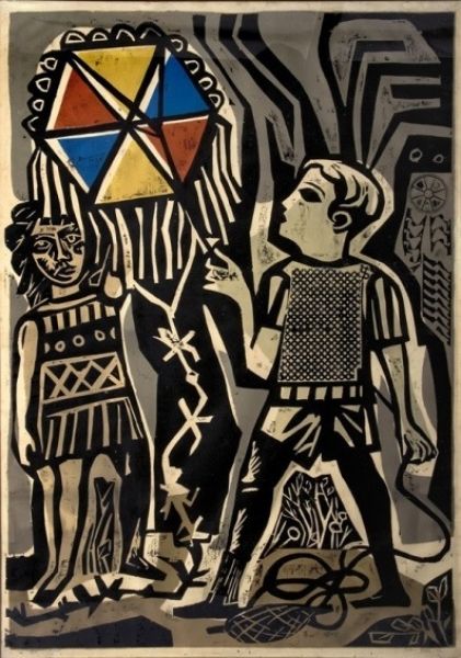 Antonio Berni, Juanito remontando un barrilete, 1961. Xilo Collage © Familia Berni Relief Printmaking, Latin American Art, Relief Printing, Printmaking Art, Art Academy, Wood Engraving, Contemporary Modern Art, Art Movement, Linocut