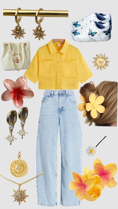 #yellow#inspo#outfit Yellow Style Aesthetic, Yellow Jeans Outfit Aesthetic, Yellow And Blue Outfits Women, Yellow And Blue Outfits, Minion Aesthetic, Yellow Jeans Outfit, Outfit Ideas Yellow, Vegas Fits, Yellow Top Outfit