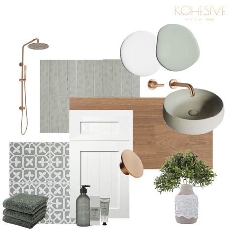 Designed by @kohesive_interiors using our mood board tool. Loving the calming palette of sage, white and bronze for a bathroom design. View the link to see the published mood board. Bathroom design, bathroom decor, sage, bathroom ideas, bathroom inspiration, bathroom interior design Sage Bathroom, Style Sourcebook, Design Mood Board, Bad Inspiration, Interior Design Boards, Boho Bathroom, Bathroom Inspiration Decor, Interior Design Mood Board, Apartment Bathroom