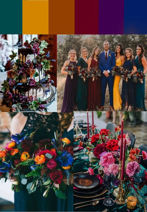 Dark Color Fall Wedding, Jewel Tone Wedding Dress, Gem Tone Wedding, Jewel Tone Wedding Theme, Jewel Tone Wedding Colors, Colorful Fall Wedding, Jewel Tone Color Palette, Wedding Color Pallet, Field Wedding