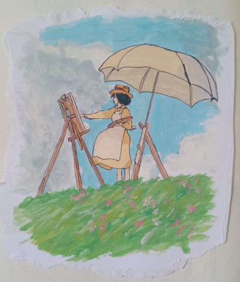 Studio Ghibli Oil Pastel Art, Studio Ghibli Sketch Easy, Watercolor Art Studio Ghibli, Watercolour Studio Ghibli, Studio Ghibli Oil Pastel, Studio Ghibli Gouache Painting, Scenary Paintings Aesthetic, Ghibli Watercolor Art, Ghibli Painting Ideas