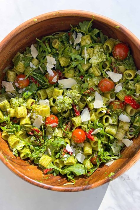 Pesto Rigatoni Pasta Salad with Parmesan - Feasty Travels Rigatoni Pesto Pasta, Fancy Pasta Salad, Rigatoni Pasta Salad, Pasta Pesto Salad, Pasta Salad Pesto, Feasty Travels, Salad With Sun Dried Tomatoes, Pasta Salad With Pesto, Pesto Rigatoni