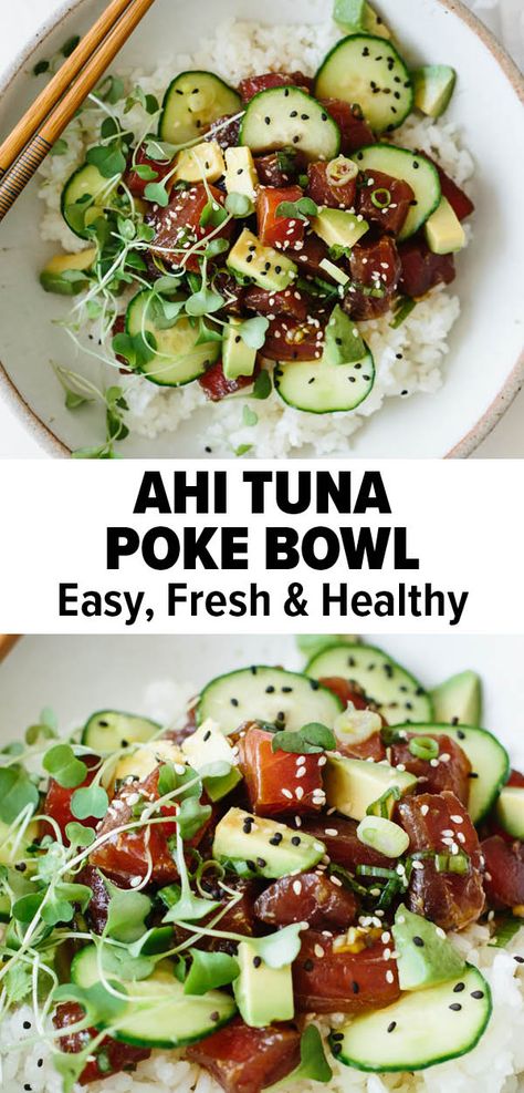 Poke Bowl Easy, Poke Bowl Sauce, Ahi Tuna Poke Bowl, Tuna Poke Bowl Recipe, Ahi Tuna Poke, Poke Recipe, Tuna Poke Bowl, Poke Bowl Recipe, Tuna Poke