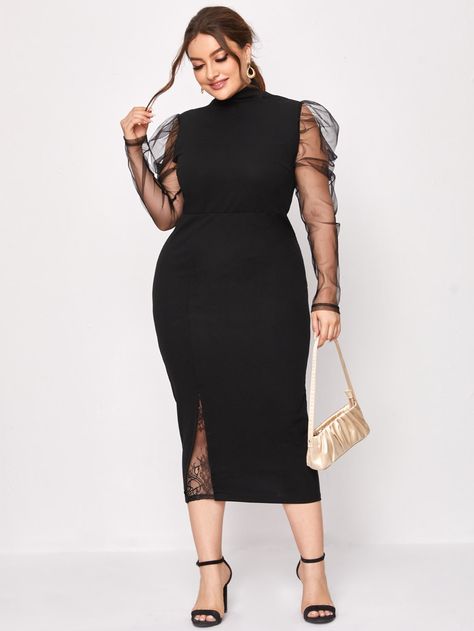 Plus Sheer Mesh Gigot Sleeve Lace Split Hem Dress Classy Plus Size Outfits, Gigot Sleeve, Black Dresses Classy, Split Hem Dress, Keyhole Neckline, Fit Fashion, Round Neck Dresses, Curvy Dress, Curvy Girl Outfits