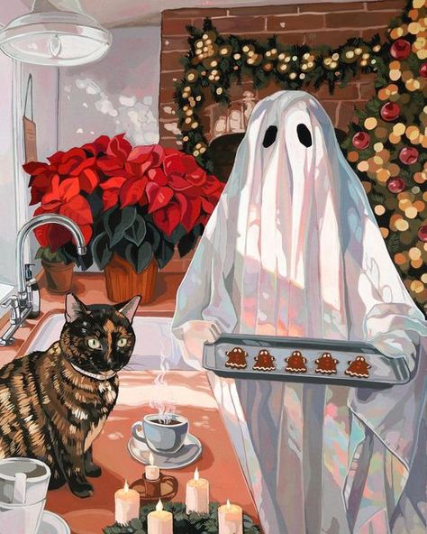 Spookie Paintings, Halloween Animal Illustration, Cat Painting Gouache, Ghost Cat Painting, Cat Gouache Painting, Fall Aesthetic Painting, Fall Paintings Aesthetic, Halloween Cats Art, Halloween Cat Painting