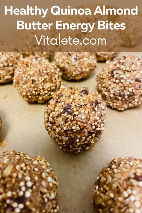 Pan with quinoa almond butter energy bites Quinoa Energy Bites, Quinoa Energy Balls, Quinoa Balls, Energy Bites Recipe, Toasted Quinoa, Quinoa Bites, Goldie Locks, Healthy Quinoa, Protein Baking