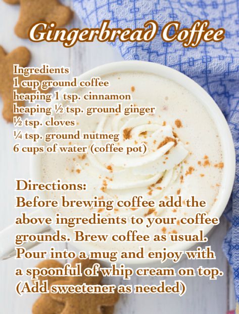 Gingerbread Coffee Gingerbread Coffee, Coffee Creamer Recipe, Hot Drinks Recipes, Halloween Breakfast, Creamer Recipe, Brewing Coffee, Cozy Drinks, Homemade Coffee, Whip Cream