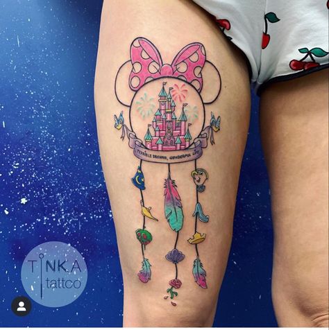 Dream Catcher Disney Tattoo, Disney Dreamcatcher Tattoo, Disney Dream Catcher Tattoo, Disney Tattoos For Women, Disney Dreamcatcher, Disney Inspired Tattoo, August Tattoo, Tattoos Disney, Small Hummingbird Tattoo