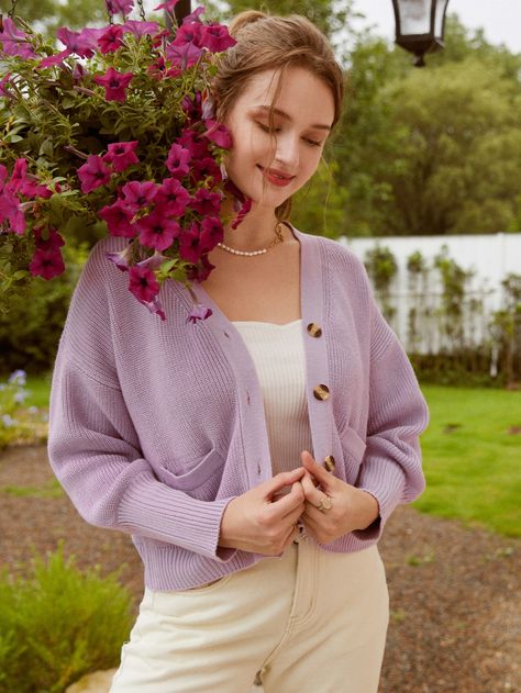 Button Front Drop Shoulder Cardigan Lavender Sweater, Drop Shoulder Cardigan, Ladies Sweater, Autumn Sleeve, Boho Cardigan, Sweaters Women, Spring Fashion Casual, Purple Cardigan, Bat Sleeve