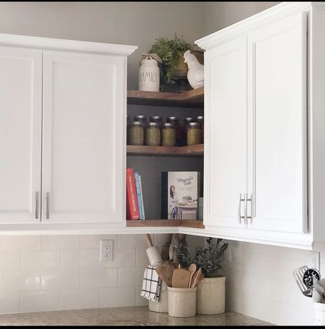 Removing Corner Cabinet In Kitchen, Kitchen Wall Corner Cabinet Ideas, Replacing Corner Kitchen Cabinet, Corner Wall Shelf Kitchen, Upper Kitchen Cabinets Organization, Upper Corner Cabinet Ideas Open Shelves, Replace Corner Cabinet With Shelves, Corner Kitchen Wall Cabinets, Upper Kitchen Cabinet Corner Ideas