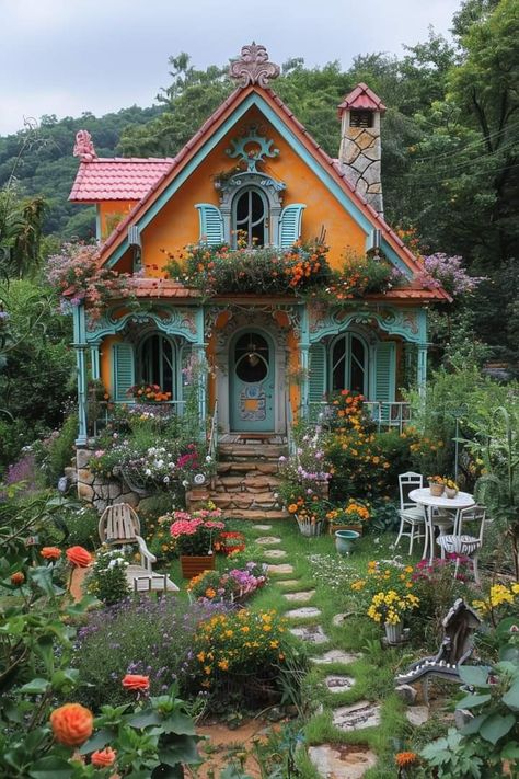 Maximalist Architecture Exterior, Boho Cottage Exterior, Maximalist House Exterior, Bungalow Homes Exterior, Colourful Cottage, Maximalist House, Fairytale Houses, Cozy Cottages, Building Photography