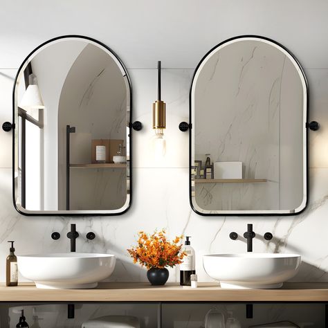 Introducing our sleek Metal Frame Arch Bathroom Wall Mirror Set of Two, crafted to elevate your bathroom decor with sophistication and functionality. Its pivot design allows the position to be adjusted to meet your needs at different angles when using your bathroom mirror.Designed with a durable metal frame that resists rust, these mirrors offer both style and resilience.Its modern and simple design, coupled with the arched top design, combines retro and fashion.Engineered with shatterproof mirr Modern Farmhouse Bathroom Vanity Mirror, Modern Farmhouse Bathroom Mirror Ideas, Modern Farmhouse Bathroom Black Hardware, Pivot Vanity Mirror, Nickel And Black Bathroom Fixtures, Arched Bathroom Mirrors, Dual Bathroom Mirrors, Vanity Bathroom Mirror Ideas, Black Framed Bathroom Mirrors