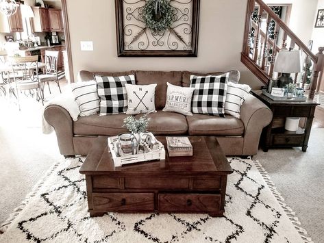 Farmhouse Living Room buffalo plaid, buffalo check, livingroom decor, rustic living room, black and white, neutral living room Rustic Livingrooms, White Neutral Living Room, Tan Couch Living Room, Blue And Cream Living Room, Tan Decor, Plaid Living Room, Bright Farmhouse, Living Room Black And White, Room Black And White