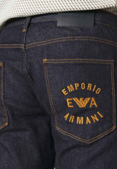 Emporio Armani POCKETS PANT - Jeans Slim Fit - dark blue Back Pocket Designs Jeans Mens, Denim Pocket Details, Mens Jeans Pockets, Armani Jeans Men, Jean Pocket Designs, Kids Denim Jeans, Pocket Designs, Pant Jeans, Clothing Labels Design