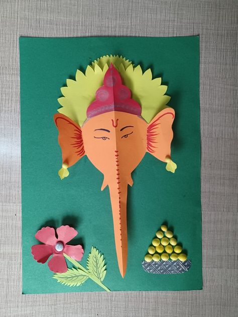 3D Ganesha with paper Ganesha Board Decoration, Ganesh Chaturthi Notice Board Decoration, Ganpati Craft Ideas, Ganesh Chathurthi Decor At Home Simple, Ganpati Art And Craft For Kids, Ganesh Chaturthi Decoration At School, Paper Ganesha Craft, Ganesh Chaturthi Bulletin Board, Ganesha Crafts Ideas