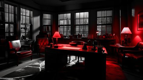 A 1940s noir detective office. style of sin city, black, white, pops of red, 32k, High definition #NoirDetectiveOffice #VintageMystery #RetroAesthetics #DetectiveCharm #FilmNoirInspired #VintageOfficeDecor #PrivateEyeVibes #OldHollywoodGlam #ClassicFilmAesthetics #VintageStyle #NostalgicVibes #SleuthingSpace #TimelessElegance #MysteriousAmbiance #VintageDecor #ClassicFilmInspiration #VintageInteriors #VintageOffice #VintageElegance #TimelessDesign #RetroChic Noir Office Aesthetic, Film Noir Detective Office, Film Noir Decor, Detective Office Aesthetic, Noir Detective Office, Vampire Office, Red And Black Office, Detectives Office, Detective Room