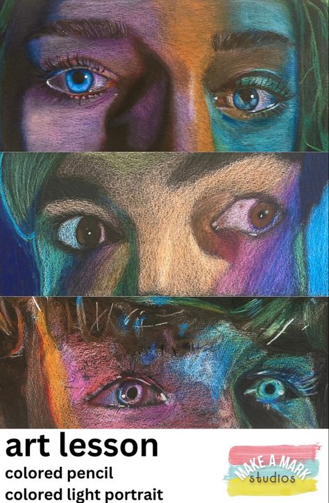 Eye drawing colored pencil Drawing Assignments High School, Primary School Art Ideas Teaching, Beginning Art Lessons, Middle School Drawing Lesson, Self Portrait High School Art, Art Lessons High School Drawing Projects, Student Art Projects, Art Lessons For Special Needs Students, High School 2d Art Projects