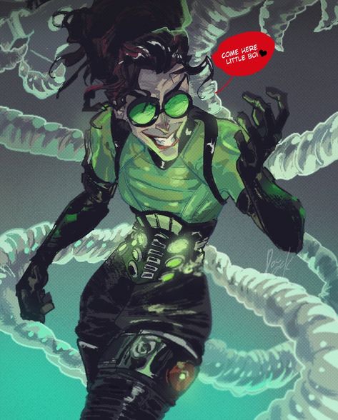 Villain Comic Art, Doc Ock Into The Spiderverse, Doctor Olivia Octavius, Spider Verse Comic Art, Olivia Octavius Fanart, Spiderverse Doc Ock, Doc Ock Fanart, Crazy Character Design, Villian Art