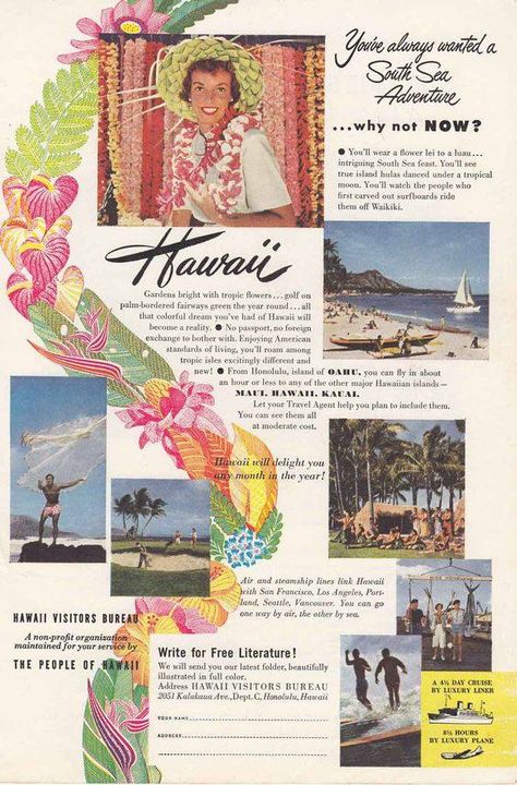 Hawaii Cruise, Hawaii Magazine, Hawaii Print, Honolulu Waikiki, Flower Lei, Hula Dance, Ocean Liner, Art Cart, Adventure Of The Seas