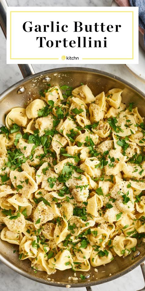 Garlic Butter Tortellini | Kitchn Tortellini Recipes Olive Oil, Chicken Mozzarella Tortellini, Tortellini Recipes Healthy, Tortellini Pasta Recipes, Healthy Tortellini Recipes, Butter Tortellini, Easy Tortellini Recipes, Garlic Tortellini, Cheese Tortellini Recipes