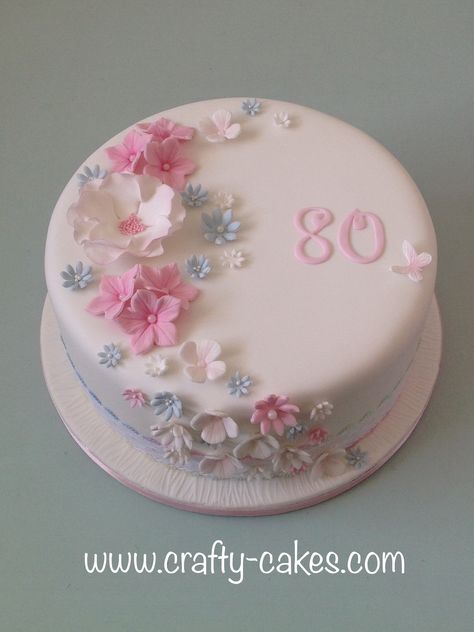 Simple Fondant Decorations, Pastel Wedding Cake Flowers, Birthday Cake With Fondant Flowers, Flower Cake Fondant, 80 Birthday Cake Woman, Cascading Flower Cake, 77 Birthday Cake, 80th Birthday Cakes For Women, Flowery Birthday Cake