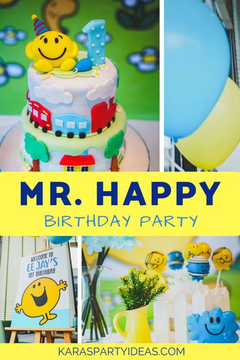 Mr Men Birthday Party, Cake Pops Cute, Mr Men Party, Happy Character, Mr Happy, Party Signage, Neutral Party, Cake Custom, Fondant Cupcake Toppers