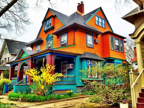 315 Rugby Road, Ditmas Park Coloured Houses, Rainbow House, Colorful Houses, Jig Saw, Painted Ladies, Orange House, Colourful Buildings, Victorian Houses, House Paint Exterior