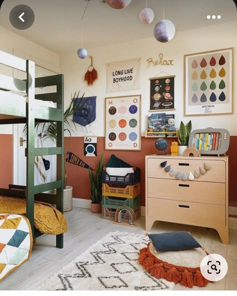 Playroom Gender Neutral, Toddler Boy Room Colorful, Retro Toddler Boy Room, Red Toddler Room, Colorful Kids Room Boy, Boys Room Gallery Wall, Eclectic Boys Bedroom, Colorful Toddler Boy Room, Boys Bedroom Inspiration