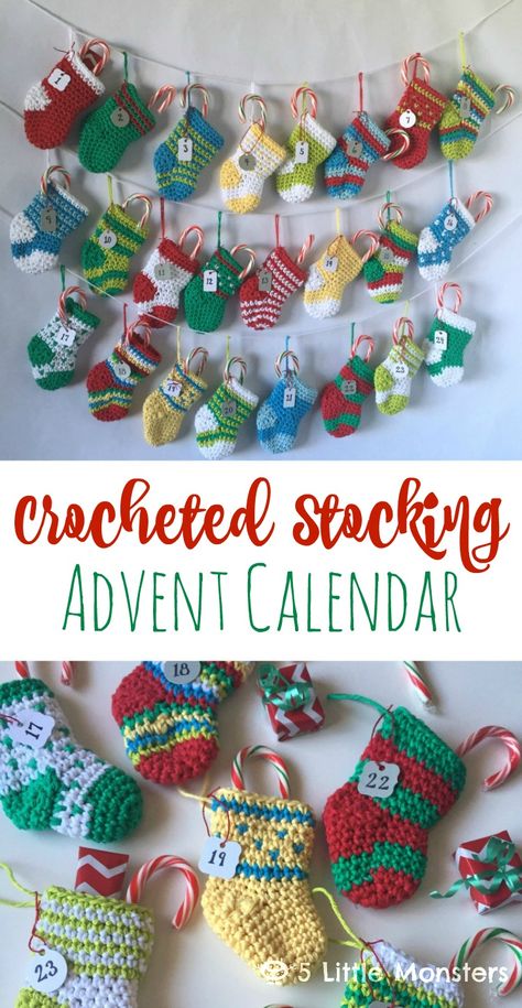 5 Little Monsters: Crocheted Stocking Advent Calendar Crochet Seasonal, Crocheted Stocking, Stocking Advent Calendar, Crochet Advent Calendar, Crochet Christmas Stocking Pattern, Crocheted Stuff, Crochet Christmas Ornaments Free, Mini Christmas Stockings, Crochet Stocking