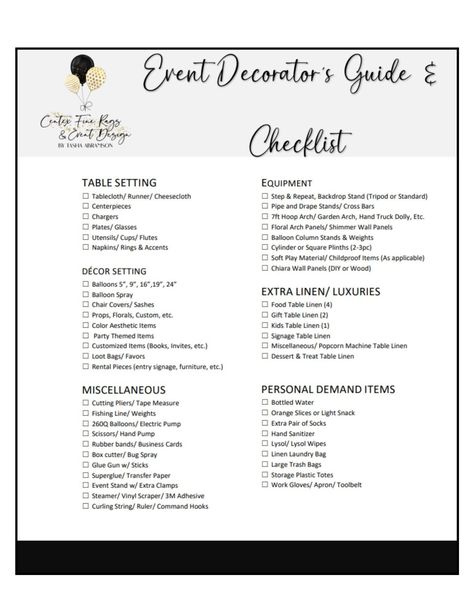 Event Decorator's Checklist pocketplanner #kidplannerprintable #dailystudyplanner🏷️. Event Checklist, Decor Checklist, Party Planning Checklist, Party List, Party Checklist, Event Planning Checklist, Kids Planner, Pipe And Drape, Party Planner