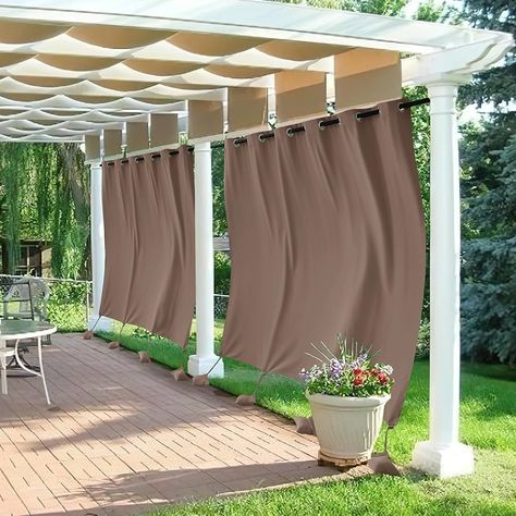 Covered Patio Curtain Ideas, Curtains For Screened In Porch, Patio With Curtains, Outdoor Curtains For Porch, Porch Curtains Outdoor, Pergola With Curtains, Pool Hut, Outside Curtains, Curtains For Patio