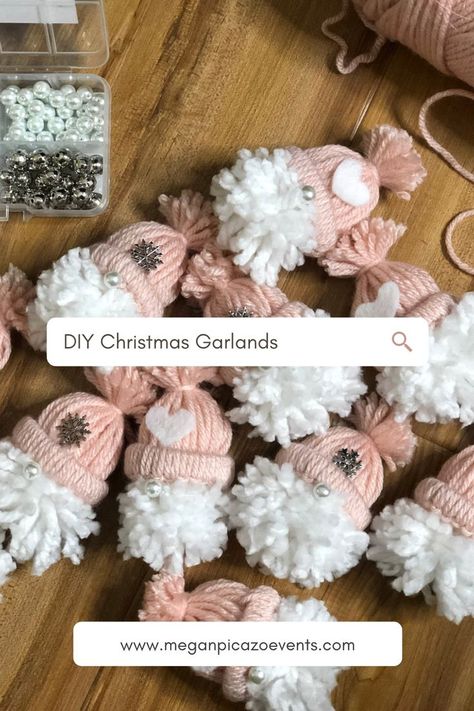 Easy Yarn Christmas Garland DIY | Megan Picazo Events. Try this do it yourself Christmas garland. Make little Gnomes with bobble hats. Make sure to share pictures once you've tried this DIY. Can't wait to see! Yarn Christmas Garland, Diy Yarn Ornaments, Christmas Garland Diy, Christmas Yarn Crafts, Crochet Christmas Garland, Easy Yarn Crafts, Christmas Fabric Crafts, Diy Christmas Garland, Christmas Craft Fair