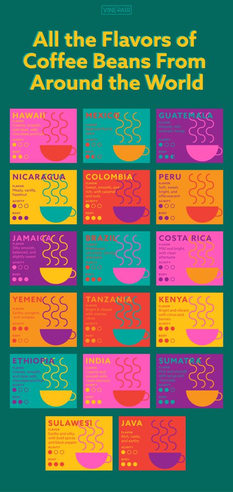 All the Flavors of Coffee Beans From Around the World (Infographic) | VinePair Raw Coffee Beans, Types Of Coffee Beans, Coffee Flavors, Kinds Of Beans, Different Coffees, Coffee Bean Grinder, Healthy Recipes Easy Snacks, Best Beans, Gourmet Coffee