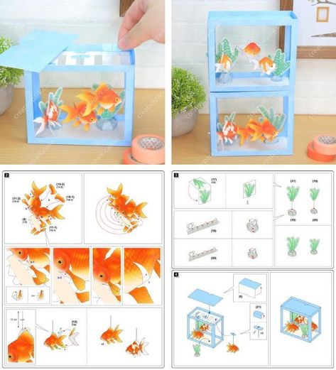 Goldfish Papercraft, Mini Paper House, Miniature Paper Crafts, Fish Craft Ideas, Paper Aquarium, Ryukin Goldfish, Paper Miniatures, Paper Craft Template, Pola Kotak