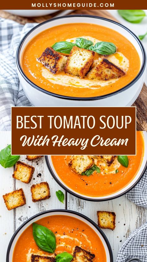 Indulge in the rich, velvety goodness of homemade tomato soup with heavy cream. This classic comfort dish is perfect for chilly days or whenever you crave a cozy meal. The combination of ripe tomatoes and creamy heavy cream creates a luscious soup that will warm you from the inside out. Make a big batch to enjoy throughout the week or serve it alongside your favorite grilled cheese sandwich for the ultimate comfort food experience. Homemade Tomato Soup Recipe, Best Tomato Soup, Nut Bread Recipe, Tomato Soup Homemade, Pumpkin Soup Recipe, Creamy Tomato Soup, Muffin Recipes Blueberry, Comfort Soup, Tomato Soup Recipes