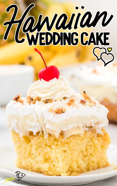 a slice of Hawaiian wedding cake topped with walnuts, cool whip, and a cherry on a plate Hawaiian Wedding Cake Recipe, Hawaiian Wedding Cake, Hawaii Cake, Hawaiian Desserts, Hawaiian Cake, Fluffy Frosting, Wedding Cake Recipe, Refreshing Desserts, Best Cake Recipes