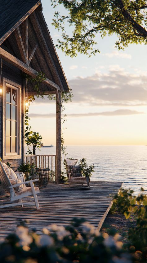 Title: Cozy coastal cabin with a view of the sea from the deck Coastal Cabin, Cottages By The Sea, Rustic Cabins, Cottage By The Sea, Seaside Getaway, Coastal Cottage, The Deck, Sims House, Rustic Cabin