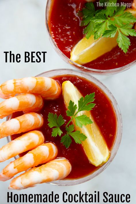 The BEST Homemade Cocktail Sauce Recipe | The Kitchen Magpie Cold Shrimp, Shrimp Cocktail Recipe, Shrimp Dip Recipes, Shrimp Cocktail Sauce, Homemade Cocktail Sauce, Cocktail Sauce Recipe, Cocktail Shrimp Recipes, Spicy Ketchup, Crowd Pleasing Recipes