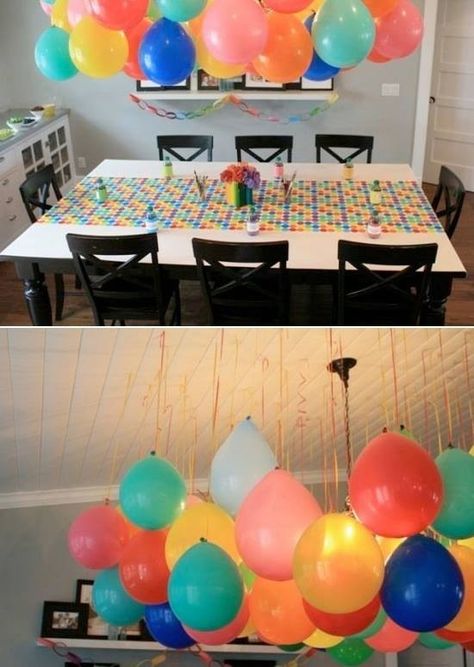 Hanging balloons from ceiling Balloon Decorations Without Helium, Cheap Party Decorations, Ballon Party, Idee Babyshower, Diy Balloon Decorations, Easy Parties, Event Decoration, Balloon Diy, Birthday Fun