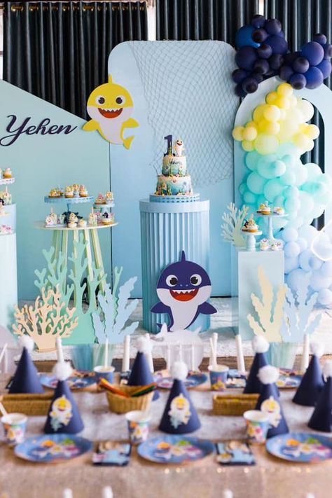 Kara's Party Ideas Baby Shark Do- Do- Do Party | Kara's Party Ideas Shark Desserts, Baby Shark Cake, Panel Backdrop, Modern Panel, Baby Shark Birthday, Shark Themed Birthday Party, Cake Custom, Baby Bash, Tangled Party