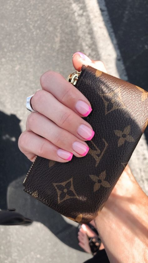 Short Square Pink French Tip, Short Nails With Pink Tips, Pink Tip Acrylics, Pink French Tip Gel Nails Short, Pink French Tip Nails Natural Nail, Hot Pink French Tip Short Nails, French With Pink Tips, Natural Pink French Tip Nails, Square Hot Pink French Tip Nails