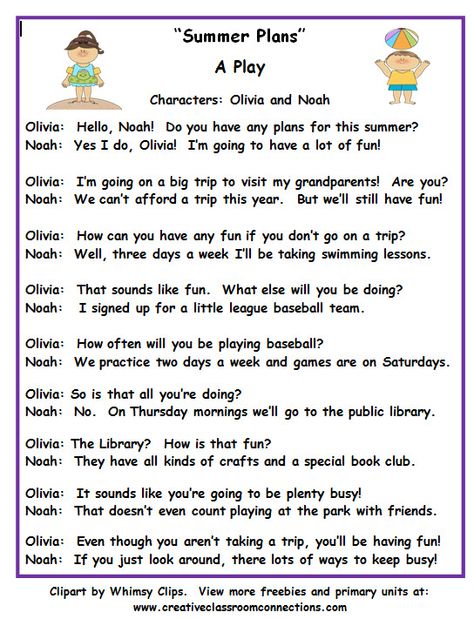 Summer play for two provides reading practice on a summer theme. View more freebies at: www.creativeclassroomconnectins.com. Dialogue Conversation Example, Conversation Practice English, Dialogue Between Two Friends, English Conversation Worksheets, Dialogue Conversation, Conversation For Kids, Holiday Reading Comprehension, Play Scripts For Kids, Conversation English