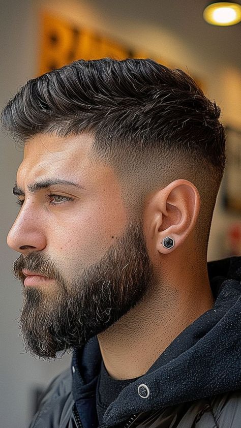 22 Mid-Fade Haircuts That Add a Touch of Sophistication Hair Style With Beard Look, Man Hair And Beard Style, New Fade Haircuts, Best Hairstyles With Beard, Mid Fade Haircut Men With Beard, Haircut And Beard For Men, V Shape Beard Styles For Men, Hairstyle With Beard For Men, Mid Fade With Beard