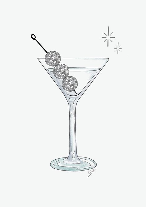 Disco Ball Martini, Martini Glass Drawing, Martini Drawing, Disco Martini, Disco Ball Drawing, Rad Tattoos, Blonde Highlights Curly Hair, Highlights Curly, Disco 70s