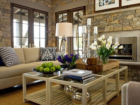 15 Designer Tips for Styling Your Coffee Table | Living Room and Dining Room Decorating Ideas and Design | HGTV Accent Table Decor, Hgtv Dream Homes, Large Coffee Table, Hgtv Dream Home, Table Decor Living Room, Cottage Living Rooms, Square Coffee Table, Large Coffee Tables, Table Styling