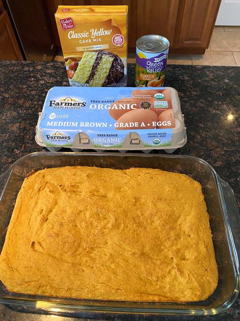 You'll love the flavor of this 3 Ingredient Pumpkin Dump Cake With Cake Mix. Just combine eggs, pumpkin puree, and cake mix for a delicious dessert that's perfect for fall. Easy Pumpkin Dump Cake Recipe, 3 Ingredient Pumpkin, Pumpkin Cake Mix, Pumpkin Cake Easy, Yellow Cake Mix Recipes, Pumpkin Dump Cake Recipe, 3 Ingredient Cakes, 3 Ingredient Recipe, Easy Dump Cake Recipe