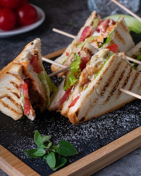 Four club sandwiches with letucce cherry... | Premium Photo #Freepik #photo #grilled-sandwich #cheese-sandwich #sandwich #club-sandwich Club Sandwich Photography, Veggies Sandwich, Mayonnaise Sandwich Recipe, Sandwich Photography, Sandwich Club, Mayonnaise Sandwich, Sandwich Cheese, Club Sandwiches, Tomatoes And Cheese