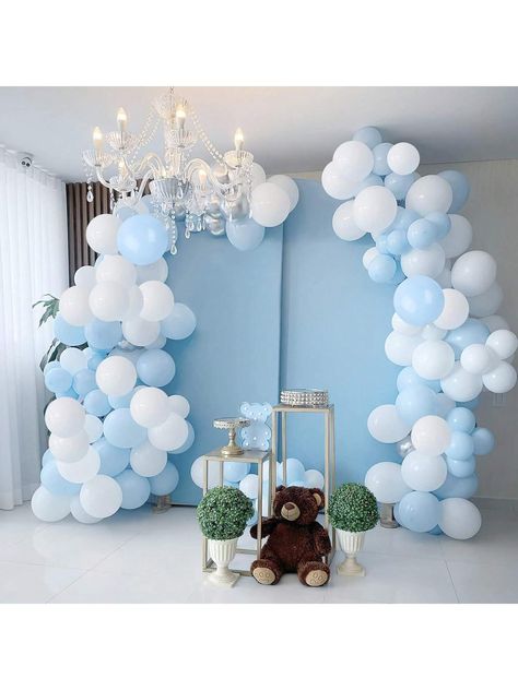 [Light Blue and White Balloons different sizes]Latex Matt Balloon Package (2pcs 18" white balloon + 2pcs 18" light blue balloon + 30pcs 12" light blue balloon+20pcs 12" white balloon + 20pcs 5" light blue balloon+10pcs 5" white balloon ), Whole Balloon Garland Accessories Kit (16ft long balloon strip tape + 100 dot glue +32ft silver ribbon).It help you make balloon garland or arch easier. [All-purpose Colors]Purchase this classical blue/ white balloons pack, your invulnerable choice of decoratin White And Blue Balloon Arch, Blue And White Balloon Arch, Blue White Balloon Garland, Blue And White Balloons, White Balloon Garland, Banner Drawing, Balloon Lights, Blue Balloon, Silver Balloon