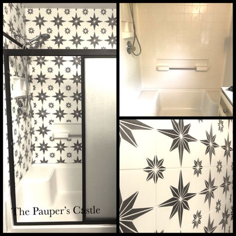 How to Paint a Fiberglass Shower Surround to Look Like Tile | The Pauper's Castle Tub Insert, Bathroom Shower Tiles, Painted Shower Tile, Diy Tile Shower, Shower Makeover, Bathtub Surround, Diy Upholstery, Shower Tiles, Shower Inserts